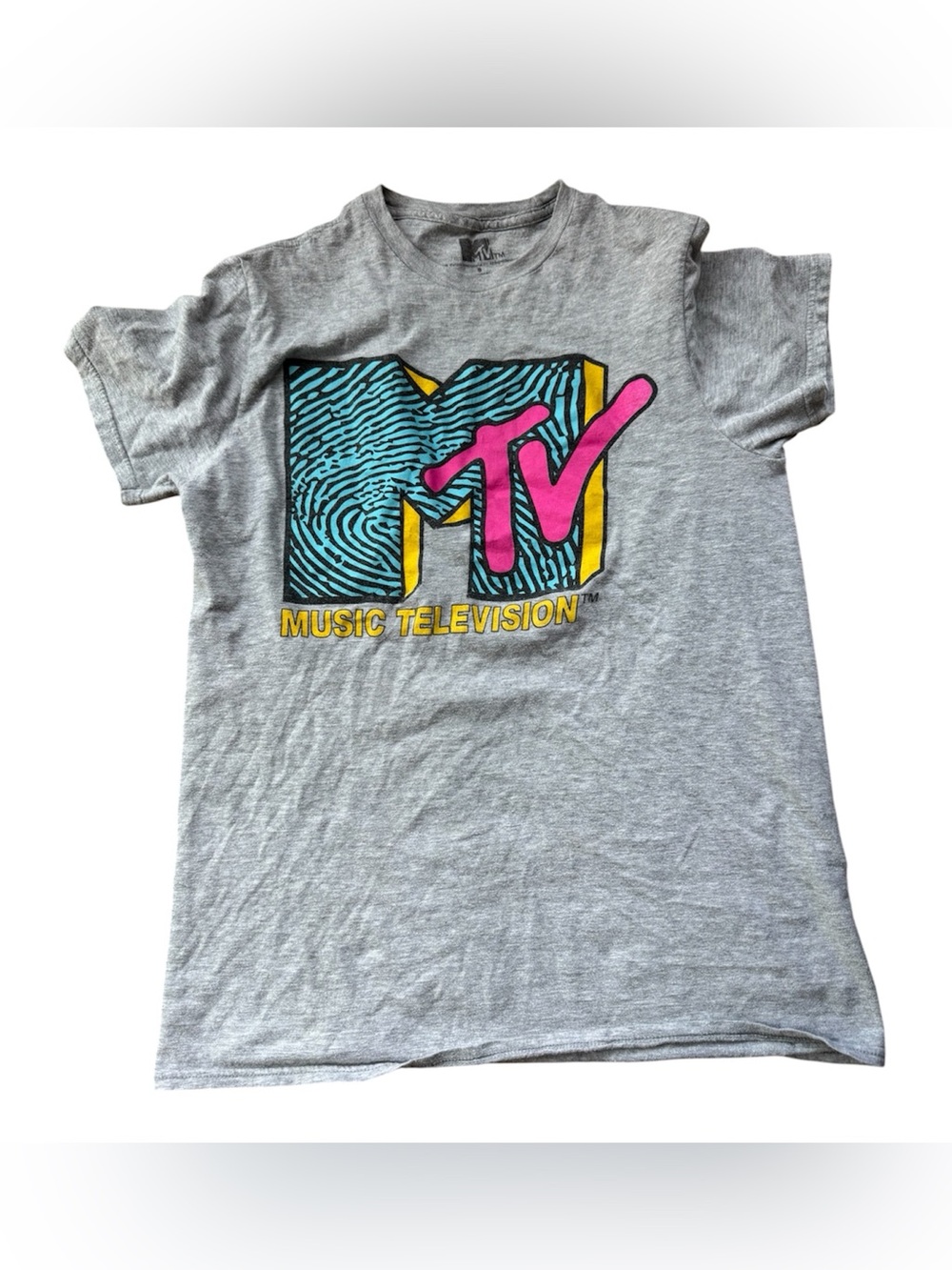 MTV Gray Tee with Pink, Teal & Yellow Logo